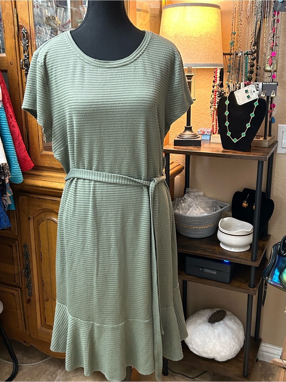 LOFT Sage Green Waffle Knit Tie Waist Ruffle Hem Dress XL